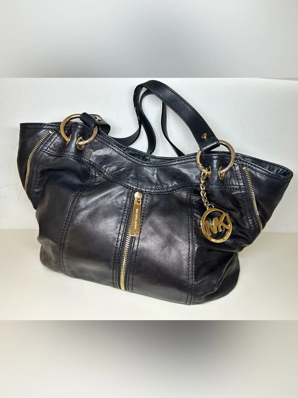 Michael Kors Black Leather Shoulder Bag with Gold-Tone MK Charm